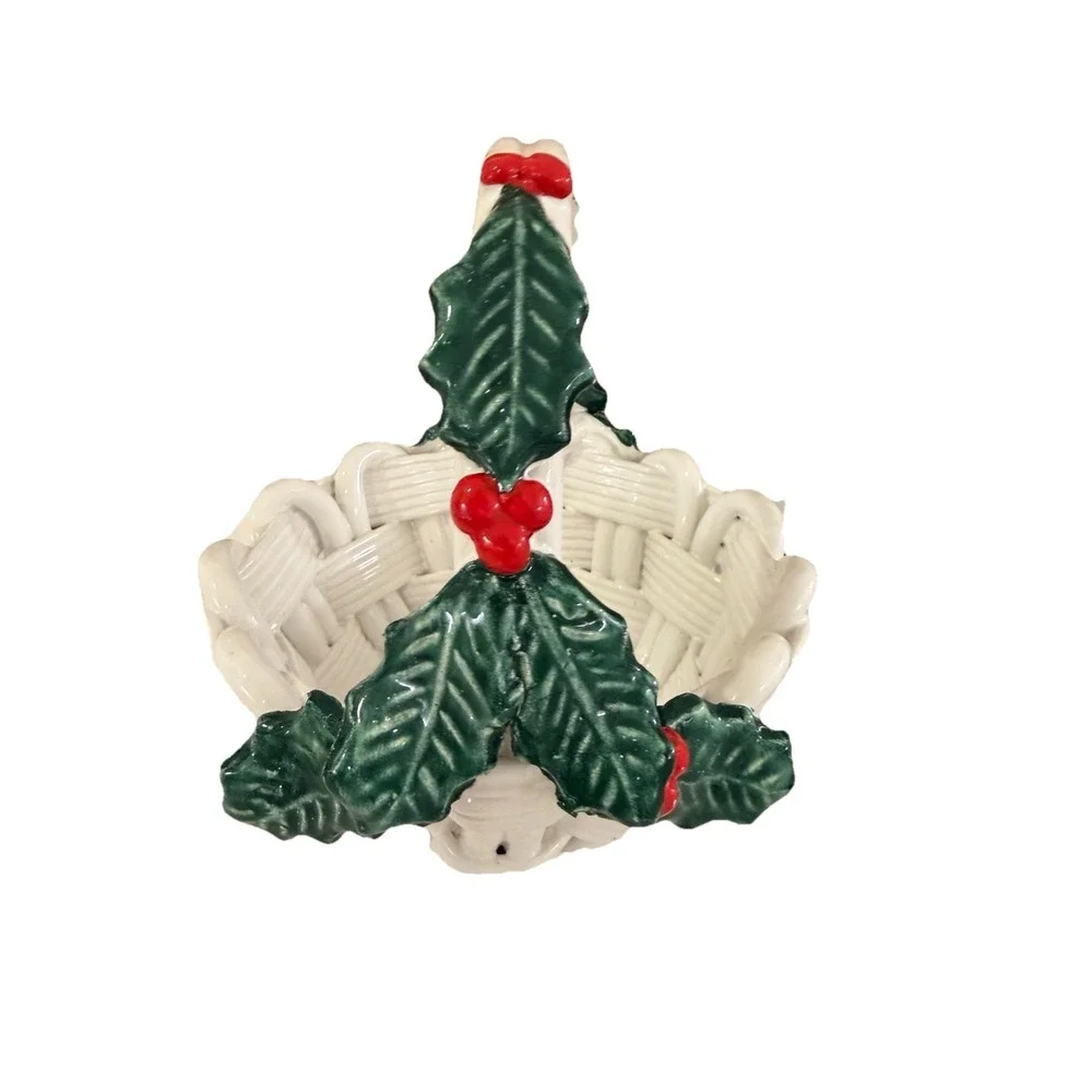 Vintage Ceramic Basket Handle Holly Berries Christmas 8